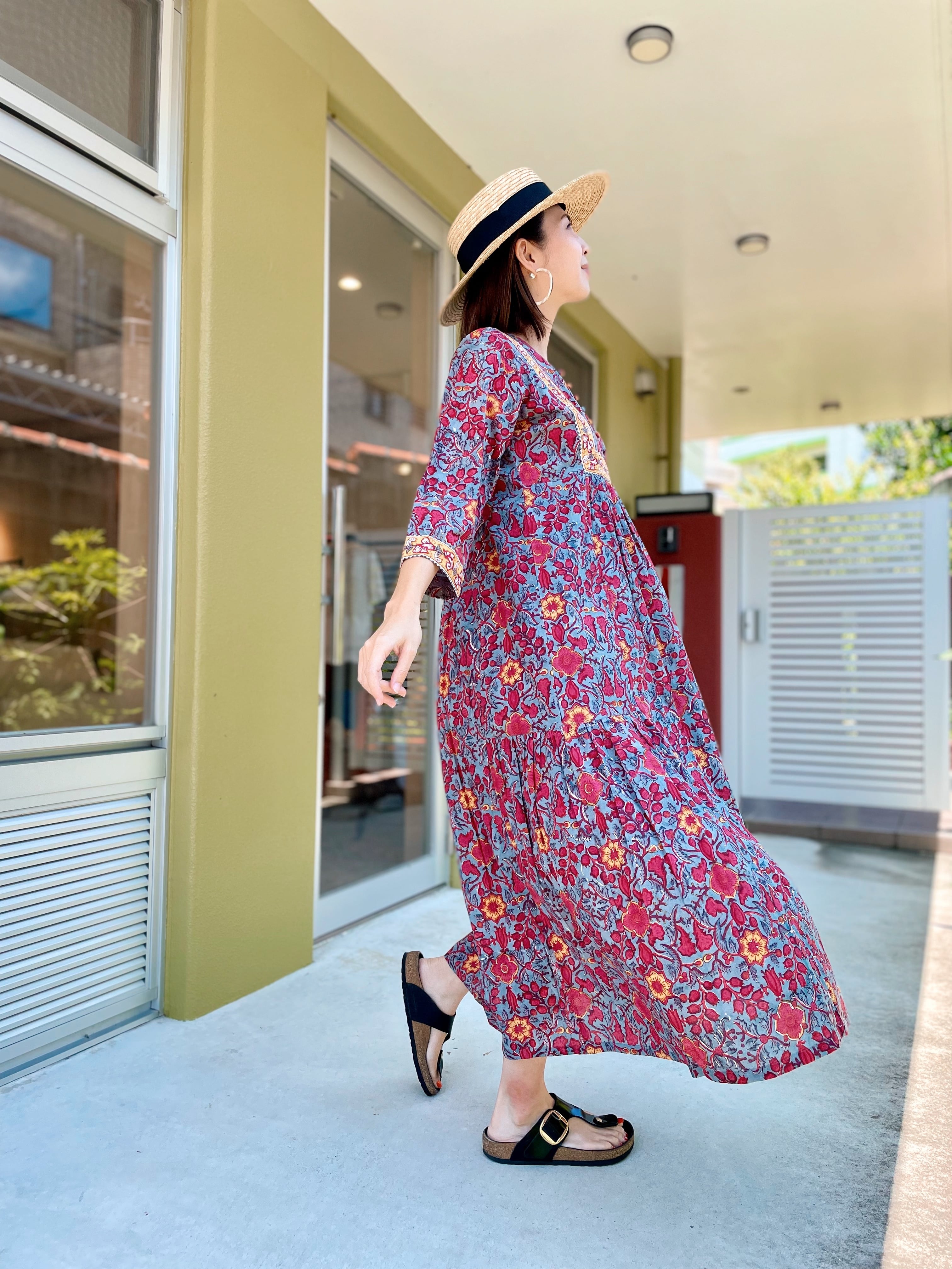 ブロックプリントワンピース / ガーネット | at okinawa