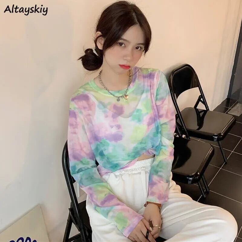 【新作】【送料無料】 タイダイ Tシャツ女性メッシュ夏日焼け防止ルーズ Hotsweet ファッションストリート韓国スタイルイン長袖人格カジュアル 0373013391392