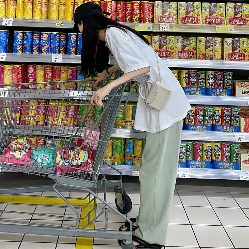 グリーンジーンズ スプリングオータム薄手ハイウェストウェストルーズワイドレッグパンツ 春物 秋物 ワイドパンツ 試着室27643334090