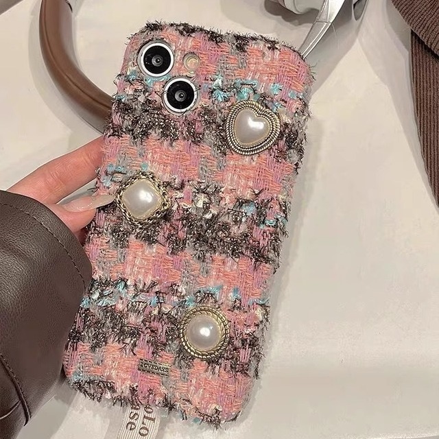 iphone case ピンクツイードパールビジュー　H522