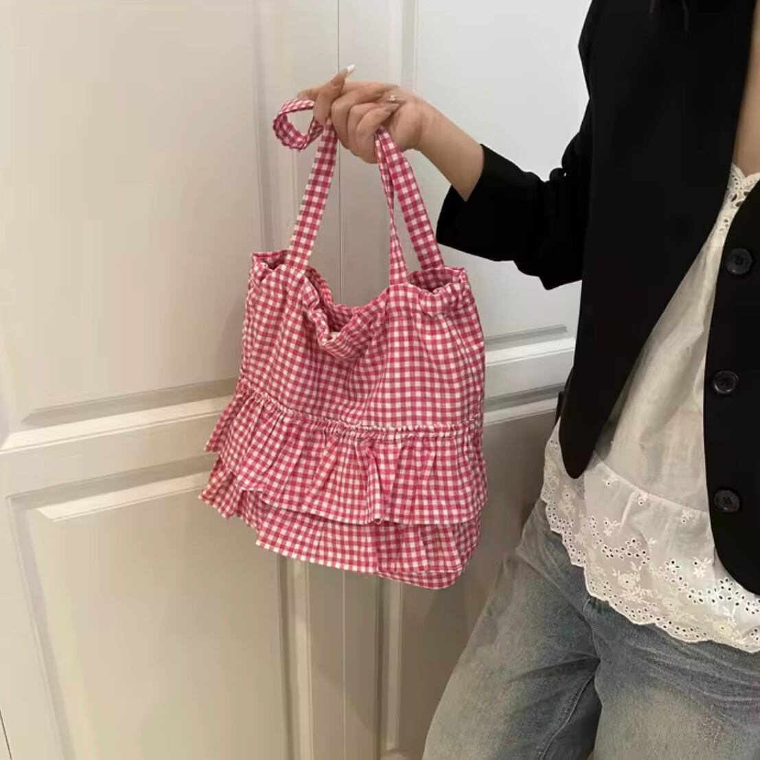 frill gingham check tote bag