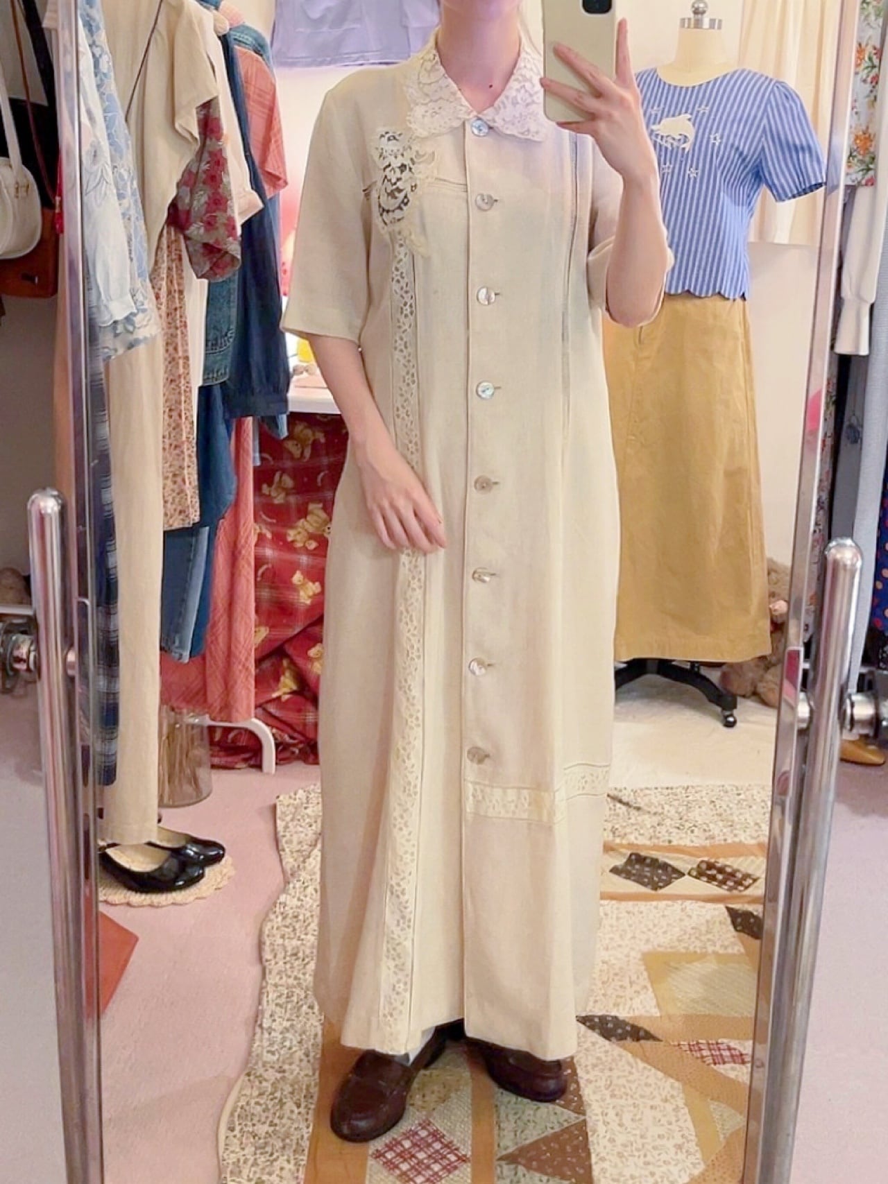 lace collar linen beige one-piece