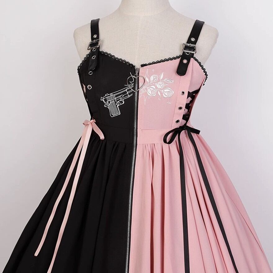 JSK バイカラー レースアップ ピストル 薔薇 アシンメトリー ガーリー