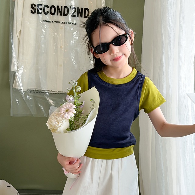 【KID】バイカラー重ね着風レイヤード半袖Tシャツ - 5