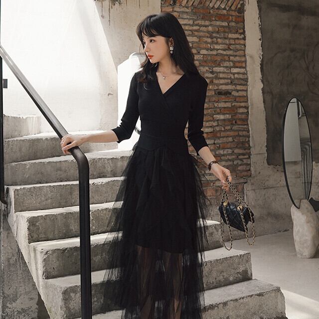 オケージョン　チュールワンピース シースルー袖ロングワンピース　ブラック 楽天市場】ロングドレス Aライン シースルー袖 チュール