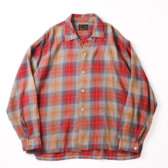 【逸品】50s special Vintage rayon ombre check shirt red made in USA about 17H  ／ 50年代 スペシャル ヴィンテージ オンブレ チェック レーヨン シャツ 実寸サイズ17H  実寸XL アメリカ製 レッド  極上生地 地厚 ジャケット生地