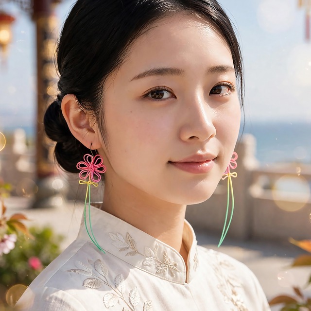 飾り結びピアス「ハナトモス・瑚」【軽量】手染め紐使用。浴衣、着物、普段のお洋服にも。