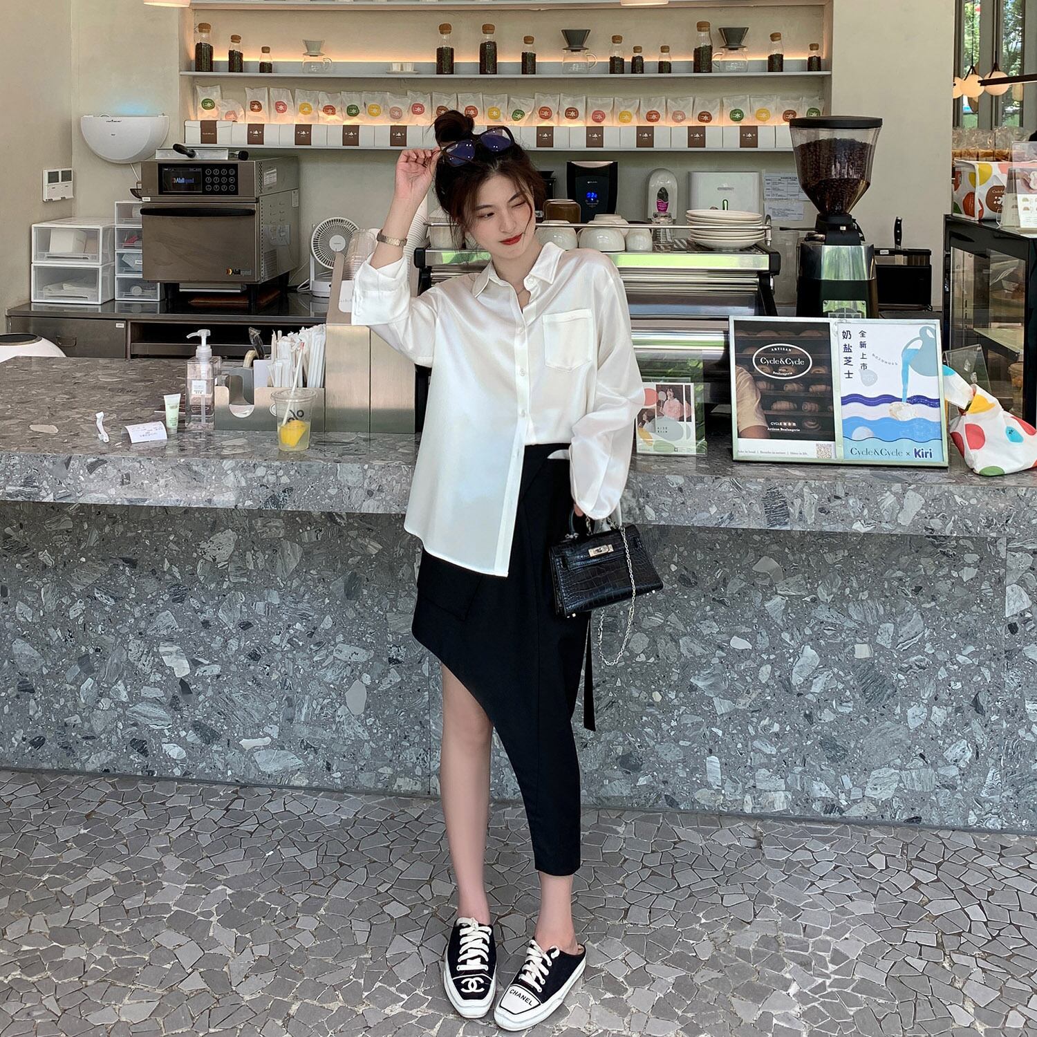 スカート サマーブラックハイウェストウェストAライン 夏物 HUCHUJING31626719790