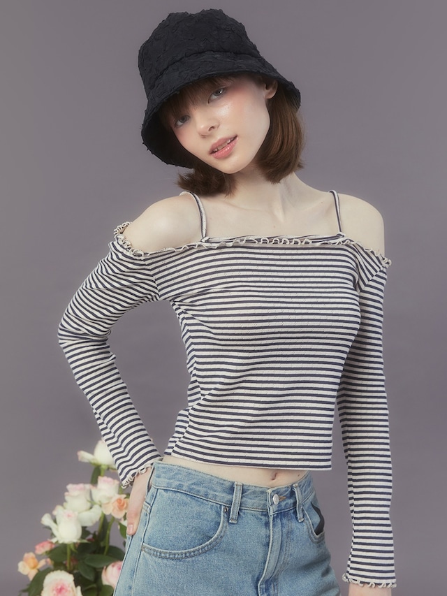 [MARGARIN FINGERS] STRIPE OFF SHOULDER T-SHIRT (NAVY) 正規品  韓国 ブランド 韓国ファッション 韓国代行 マーガリンフィンガーズ 日本 店舗