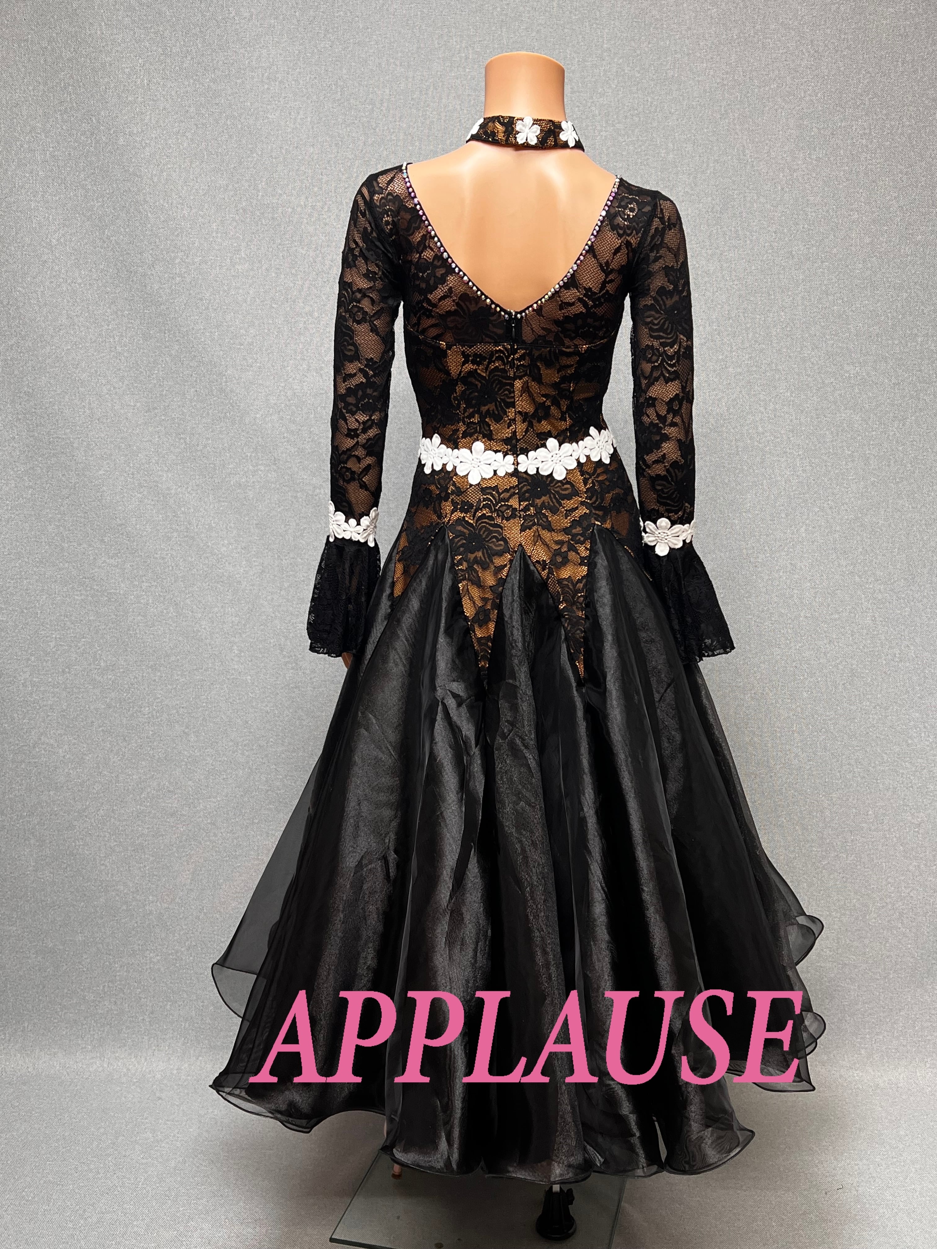 【新着】社交ダンス ドレス　スタンダード　モダンドレス　ブラック（レース）　M　ST-25-31　デモ・競技用ドレス　発表会衣装　パーティドレス　ワンピース　舞台衣装