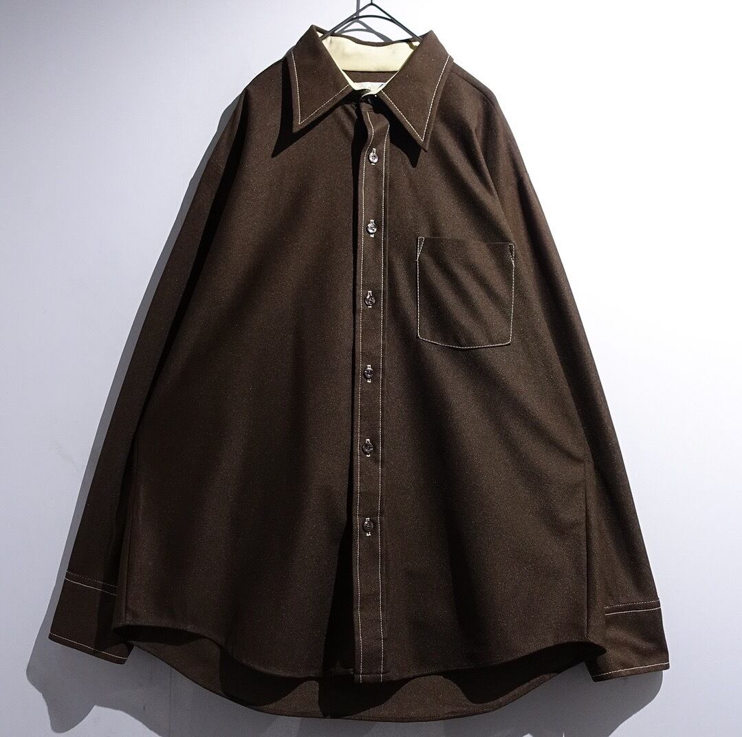 70s Brown Stitchwork Design Nylon Shirt