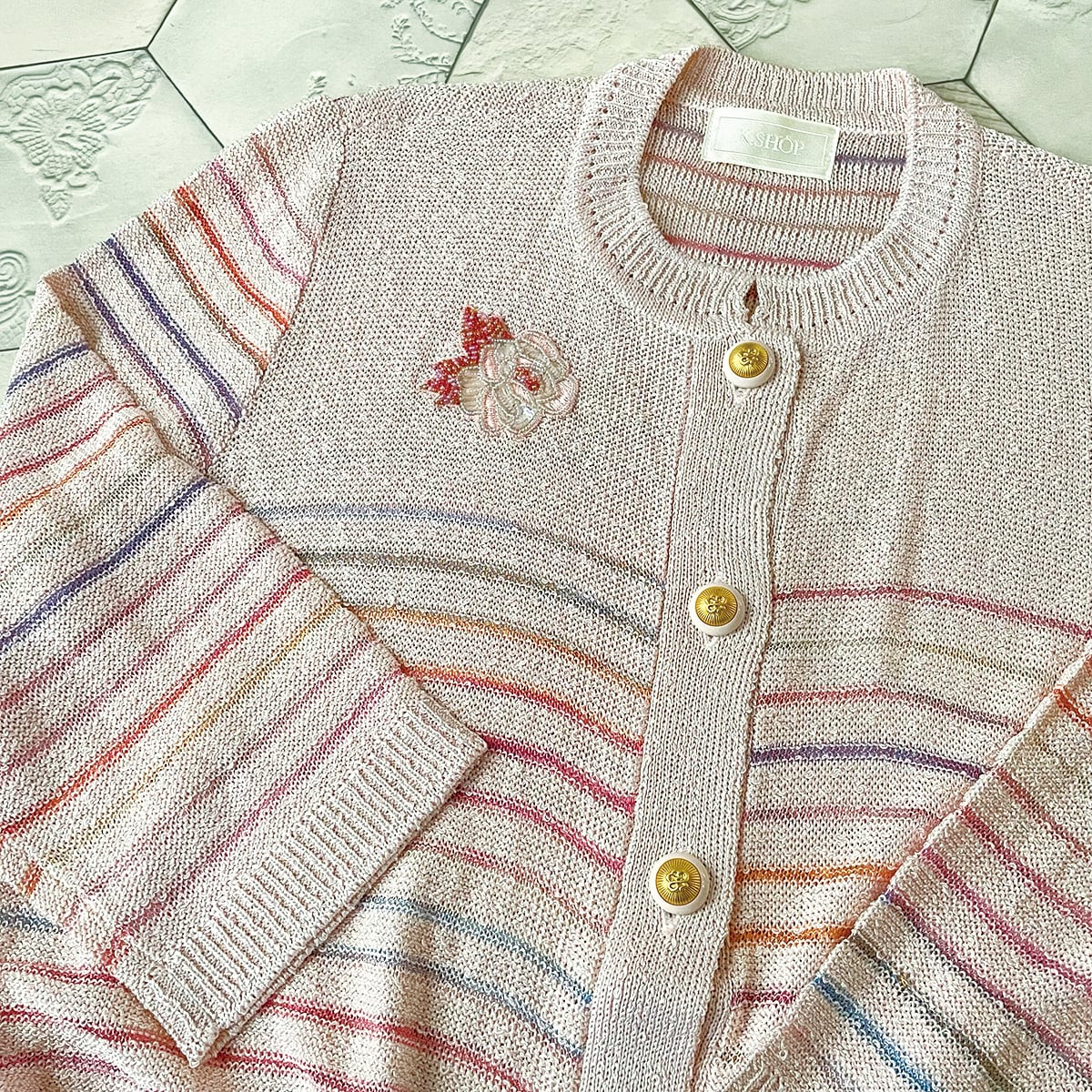 Vintage】虹色カーディガン ビーズ刺繍 サマーニット 古着 | aruiteru