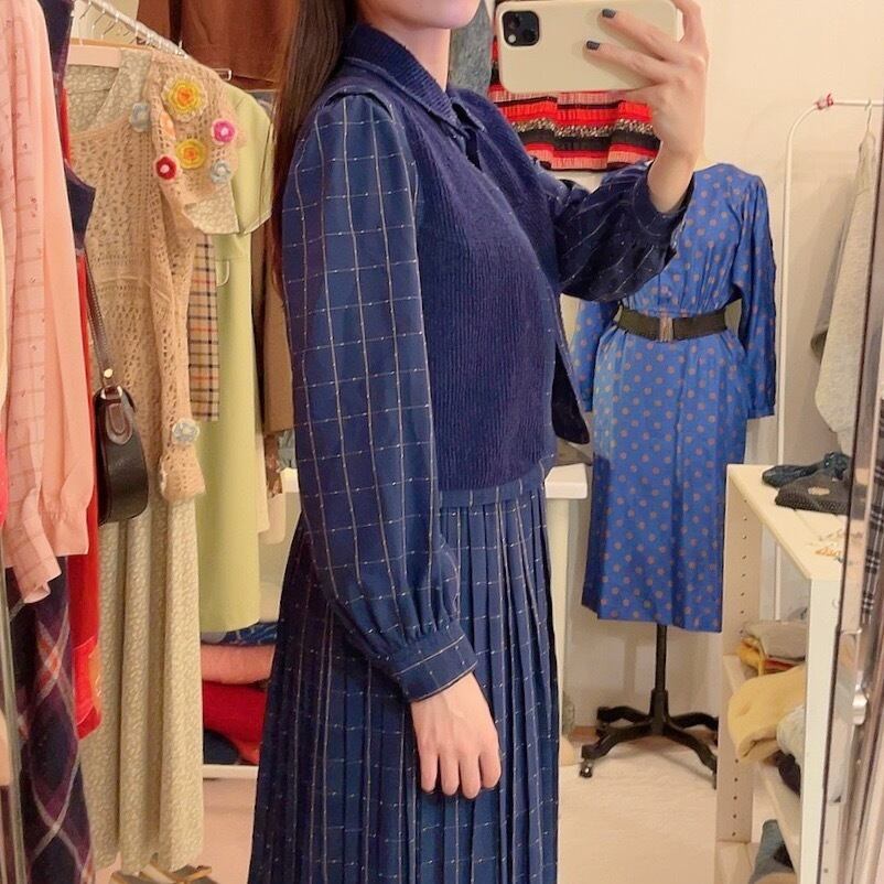 navy white check vest set one-piece