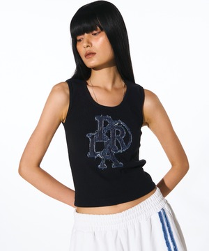 [PRENDA] PRDA DENIM PATCH RIBBED SLEEVE LESS BLACK