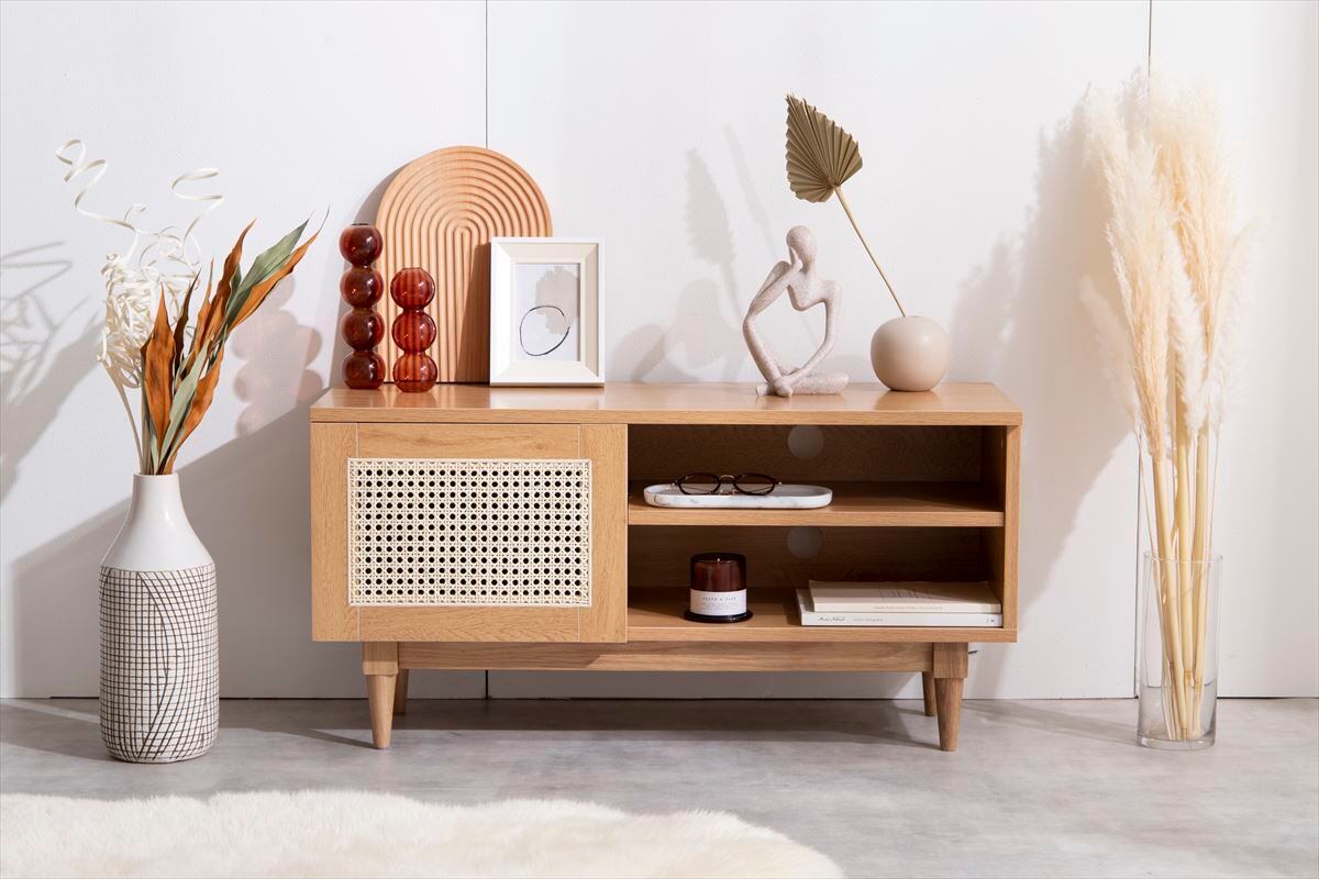 【美品】ローボード TVボード テレビ台 天然木 ラタン 天然ラタンと美しい木目調を使用した、ナチュラルで温かみある