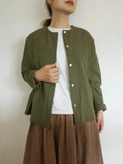 ヤンマ産業 会津木綿丸首ボタンシャツ モスグリーン