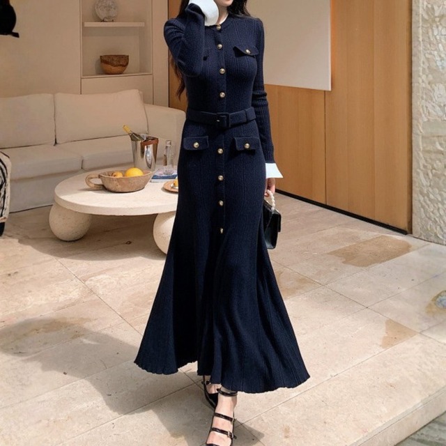 Single breast elegant large swing long knit dress