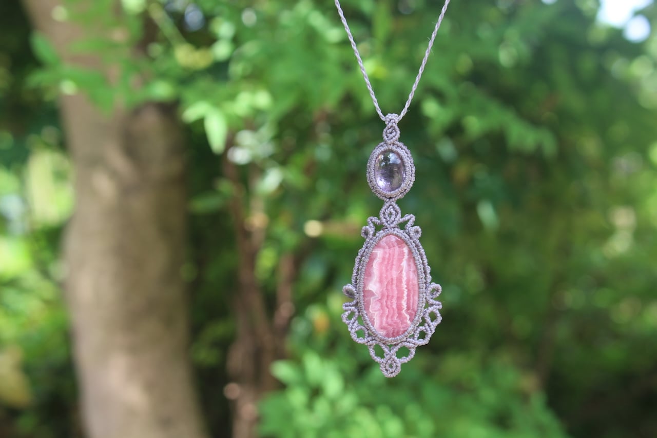 Rhodochrosite & Amethyst micro macrame pendant