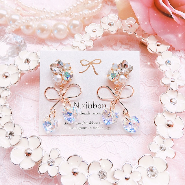 《 Flower bijou × Check ribbon 》フラワービジュー ギンガムチェックリボン ピアス/イヤリング