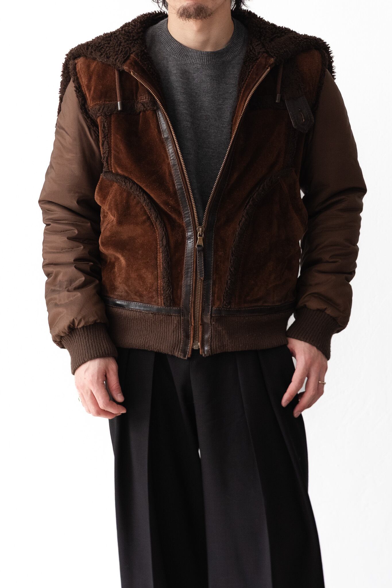 Early 2000's] “D&G” Leather Body × Puff Sleeve Hooded Jacket (Made