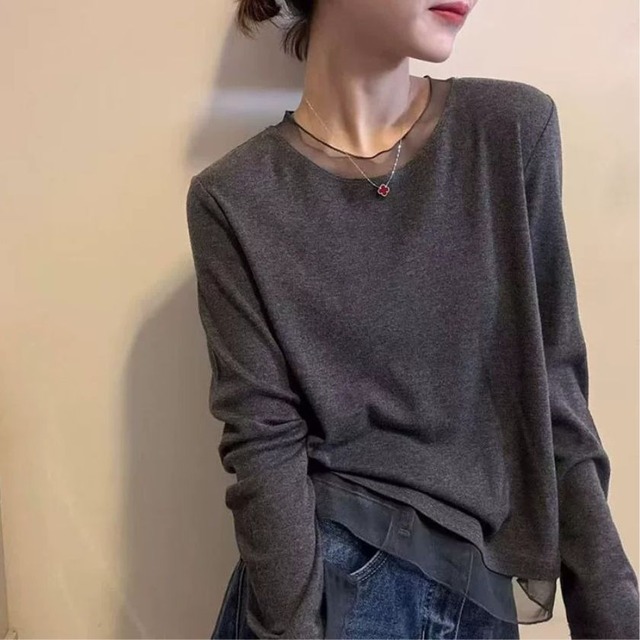 Mesh trim long sleeve T-shirt A1759