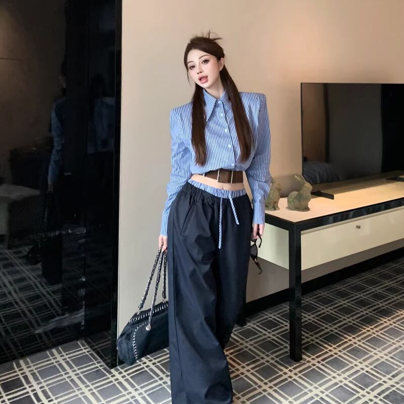 【set】ベルト付きストライプ柄シャツ×ワイドパンツセット Q8055