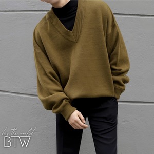 【韓国メンズファッション】深めVネックセーター 長袖 無地 シンプル ゆったり きれいめ BW2354