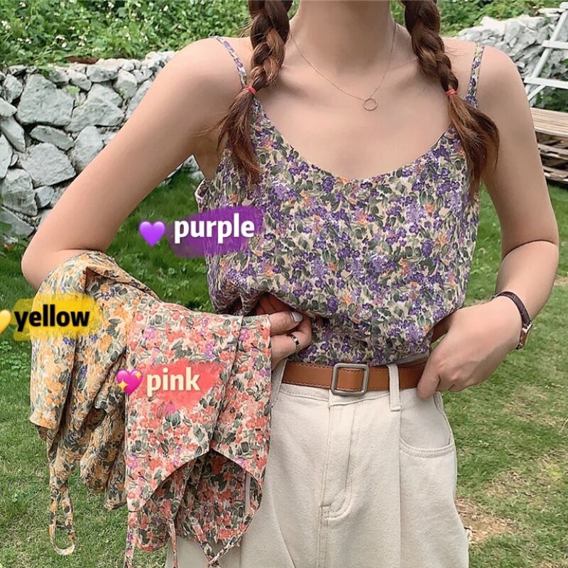 紫のノースリーブブラウスの女性は夏に外で小さなサスペンダーを着用し、機械で壊れた花、オールマッチのシンナー、ボトミングシャツ、ベストのトレンドに注意してください 1号婦人14494460535