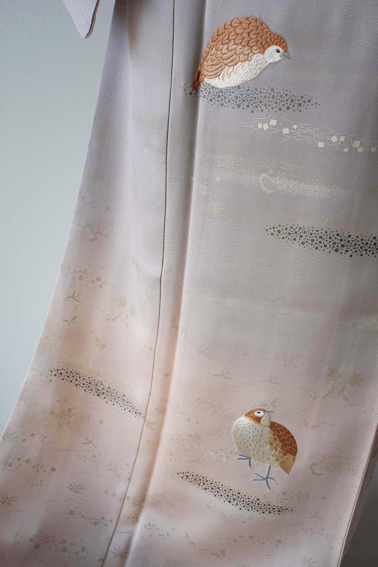 【袷】浅紫暈し 吹き寄せにうずらの手刺繍 付下げ