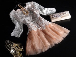 ★シルク20％☆L☆花柄刺繍とシフォンのワンピ(OPN7411)