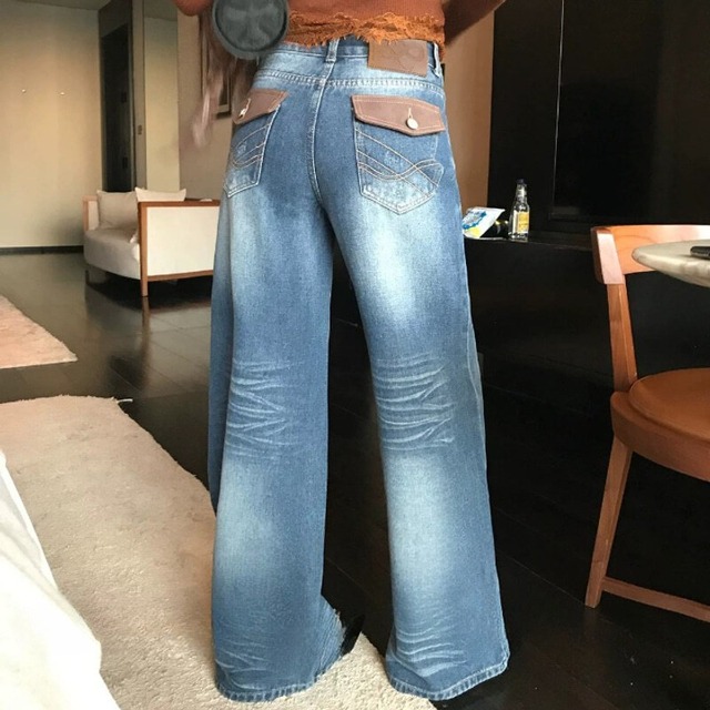 Leather flap wide denim pants　M1596