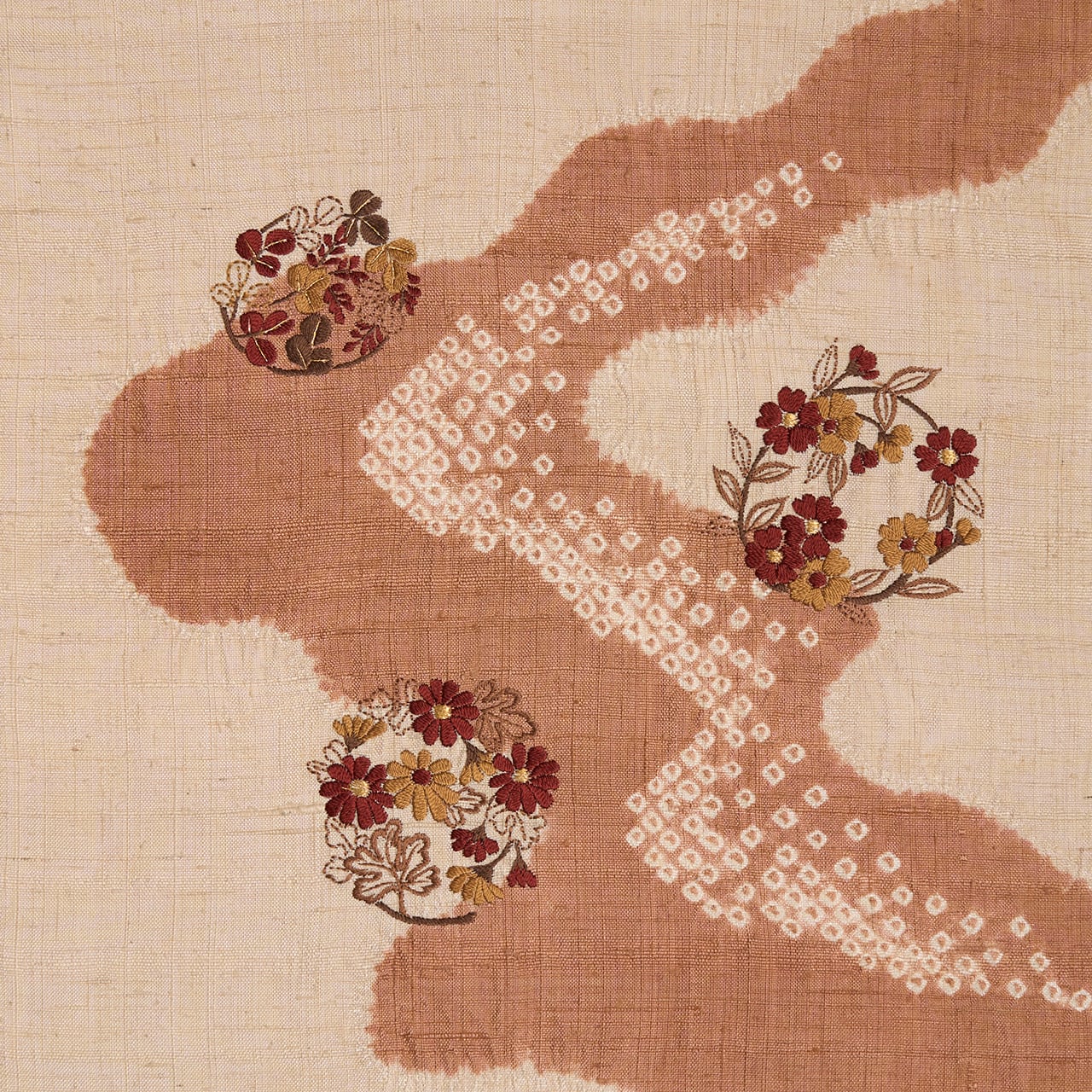 流水に花の丸紋 絞り染に手刺繍 紬名古屋帯【中古】 | かわの屋