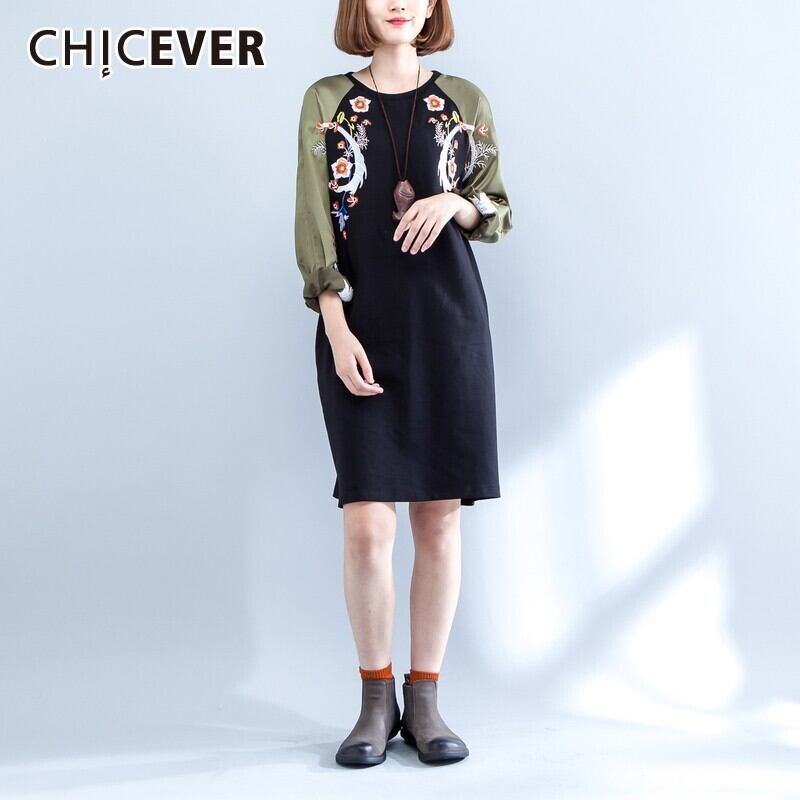 秋Aラインドレス女性Oネック長袖ルーズ刺繡パッチワークドレス ロング 刺繍 オータム 秋物 6base513593708630