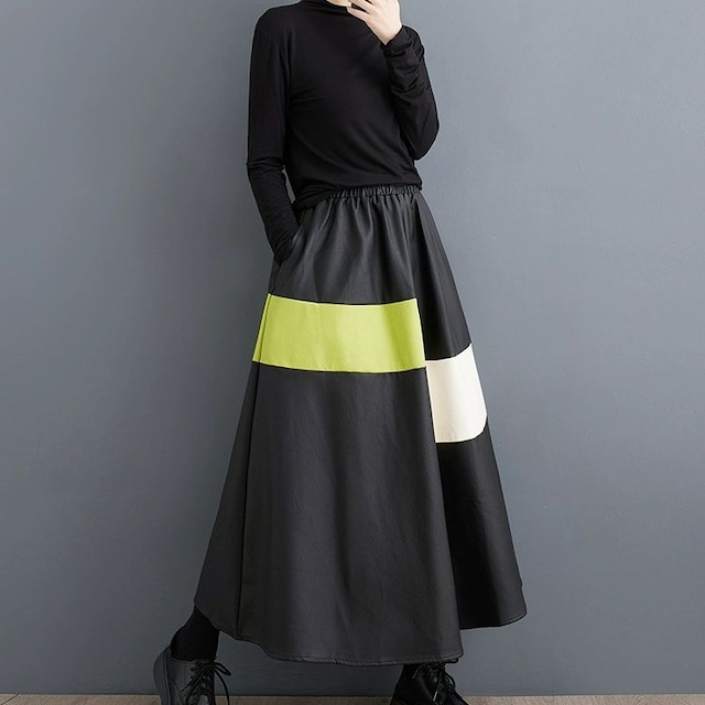 COLOR STITCH BLACK A-LINE LONG SKIRT 1color M-8564