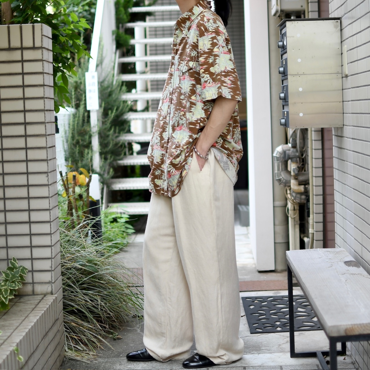LOUIS RAPHAEL rayon linen 3tuck wide slacks
