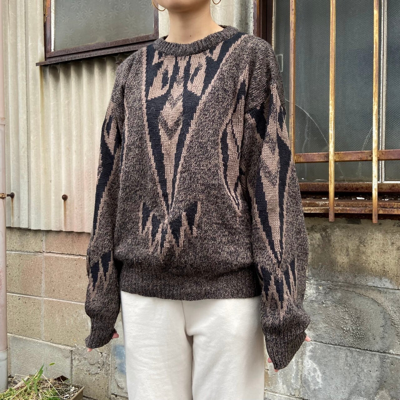 Giani Leone 総柄 アクリル ニットセーター メンズl レディースxl 古着 ブラウン 茶色 ニットセーター Ws21 2 Cave 古着屋 公式 古着通販サイト