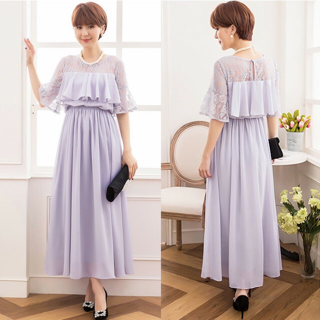 パーティードレス ワンピース ラウンドネック 5分袖 透け感 レース フリル フレア ロング丈 ハイウエスト 結婚式 二次会 お呼ばれ 婚活 パーティー D711 Kireina Dress キレイナ ドレス