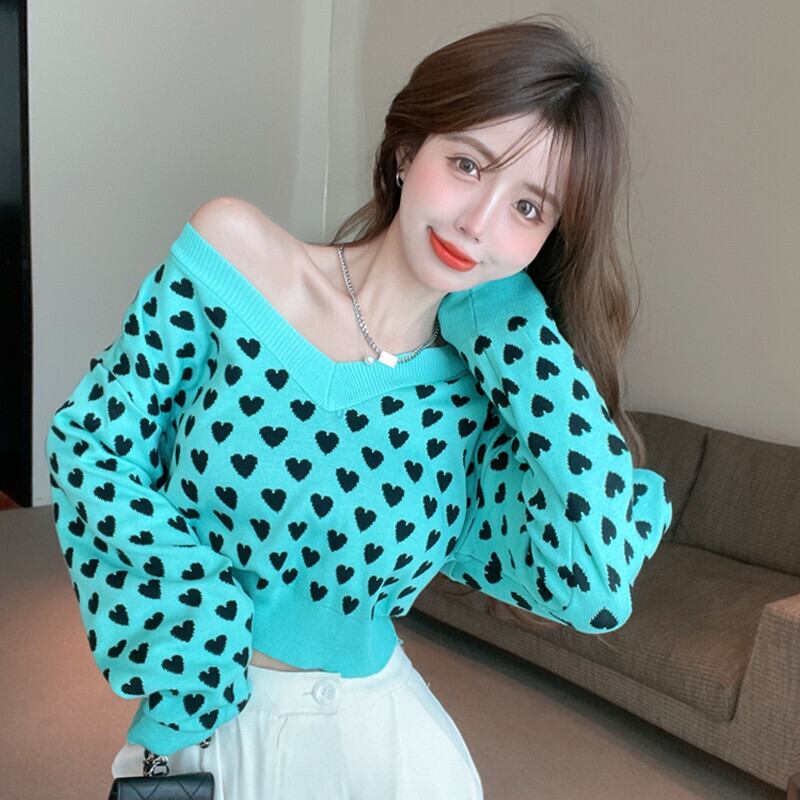 ショートVネックセーター オータムウィンタークロップドプルオーバー トップス ロング 秋物 冬物 ガールズファッション75168136106