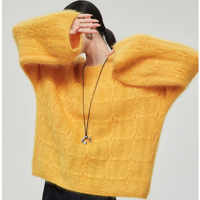 yellow cable knit fuzzy oversized sweater<t3138>