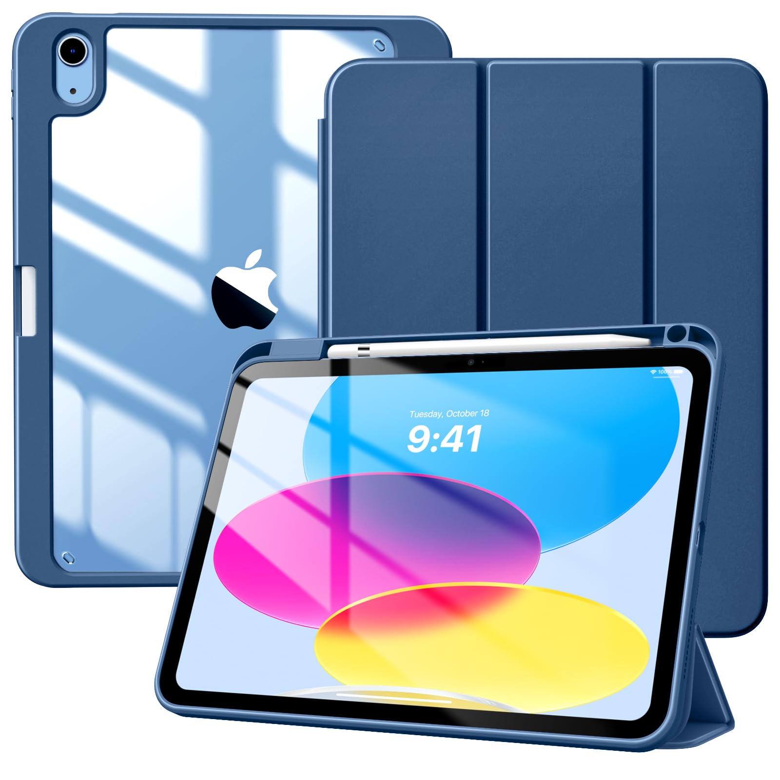 TiMOVO iPad 11世代(A16)/ 10世代 ケース 11インチ / 10.9インチ iPad第11世代11インチ/第10世代10.9インチカバー ApplePencil ホルダー付 ペン収納 透明バック 薄型 PUレザー キズ防止 三つ折り TPU スタンド 衝撃吸収 オートスリープ機能付き 軽量 耐久 スマートカバー アビスブルー