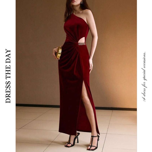 アシンメトリースリットベルベットドレス W0109