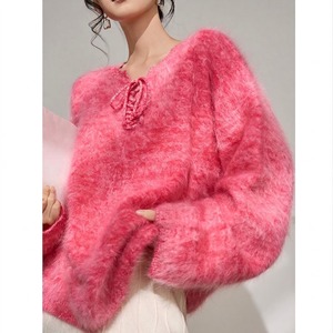 pink fuzzy lace up knit sweater<t3141>