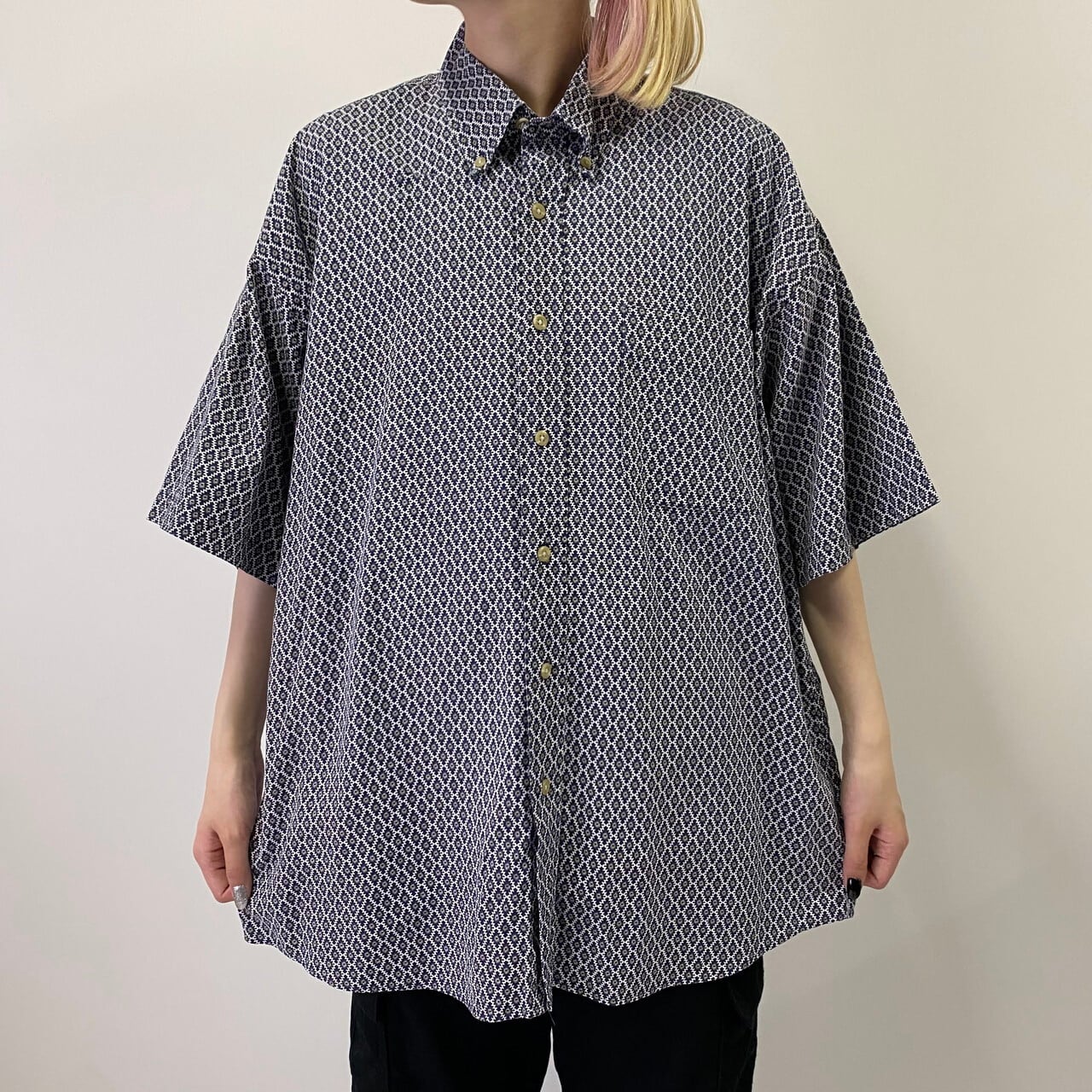 【古着 unknown 柄シャツ　総柄　ネイビー　白　ホワイト　XL】 古着 unknown 柄シャツ総柄ネイビー白ホワイトXL】