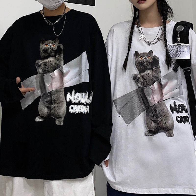 ユニセックス 長袖 Tシャツ 猫 プルオーバー オーバーサイズ 大きめ 韓国ファッション メンズ レディース カジュアル ストリー系ファッション /  In High Street Design Sense Print T-shirt Loose Top Tide (DTC-653949634272)  ...