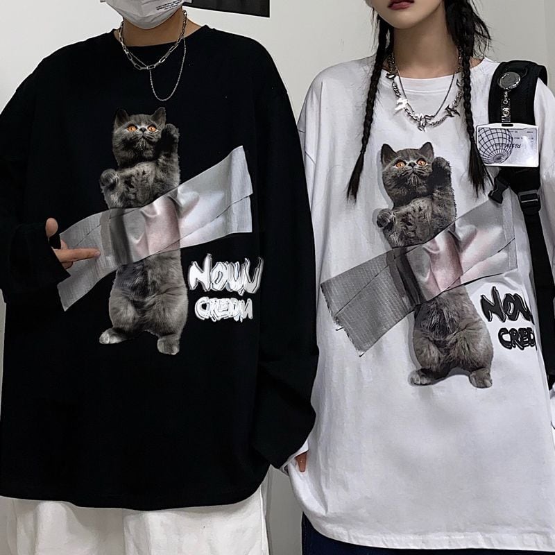 メンズ　オーバーサイズ　シンプル　猫　黒 　モード L　韓国