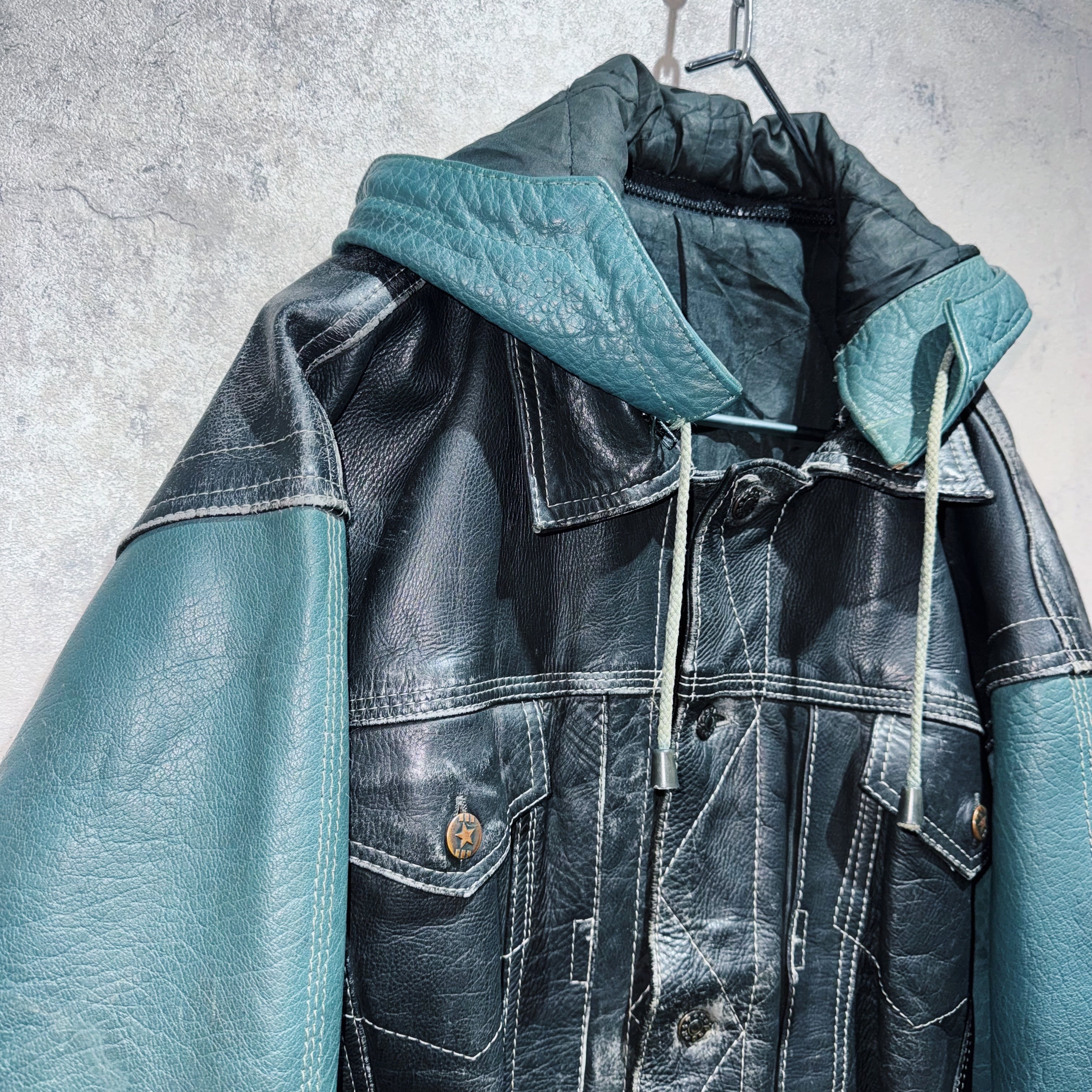 special 90's 2way cowhide switching color design hoodie leather