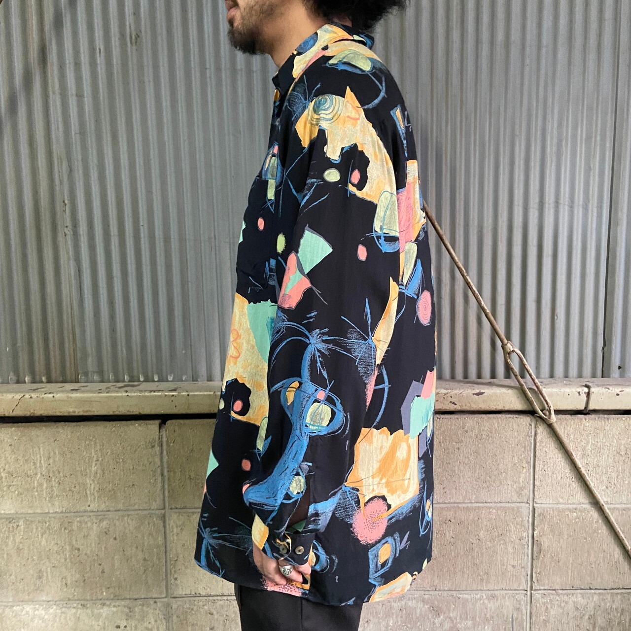 STUDIO LEONARDO 長袖 レーヨン デザイン 総柄シャツ メンズL相当 古着 