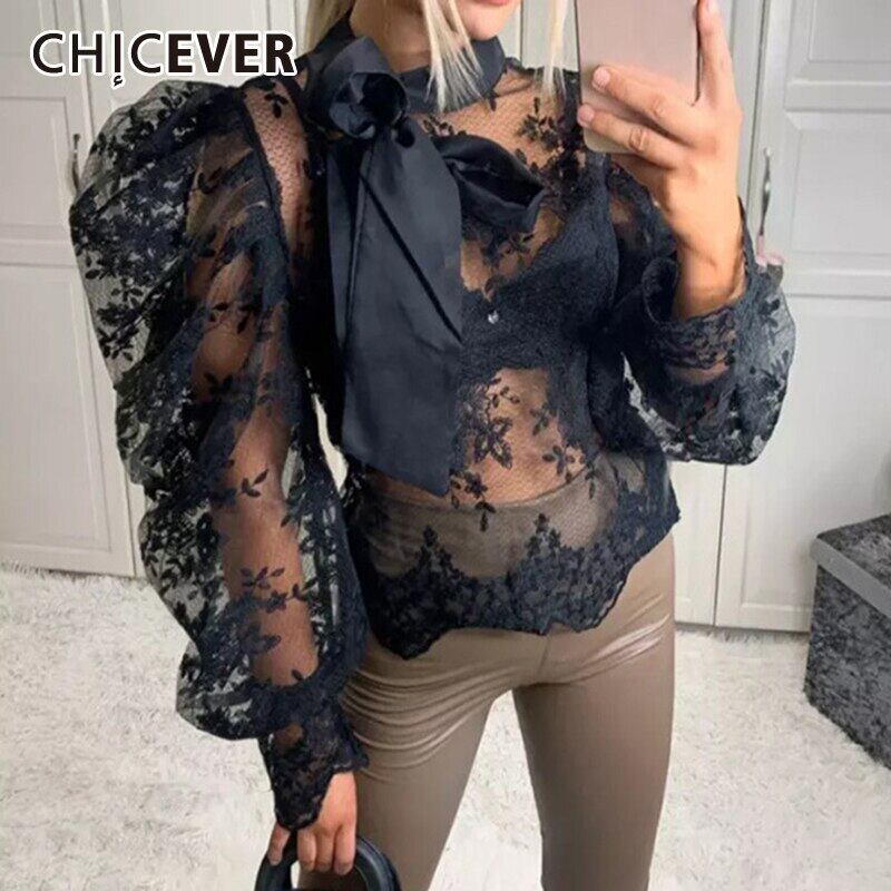 CHICEVERセクシーシャツ女性ボウカラーパフ長袖パッチワークレースパースペクティブブラウス2020秋 ロング リボン 6base57891366104