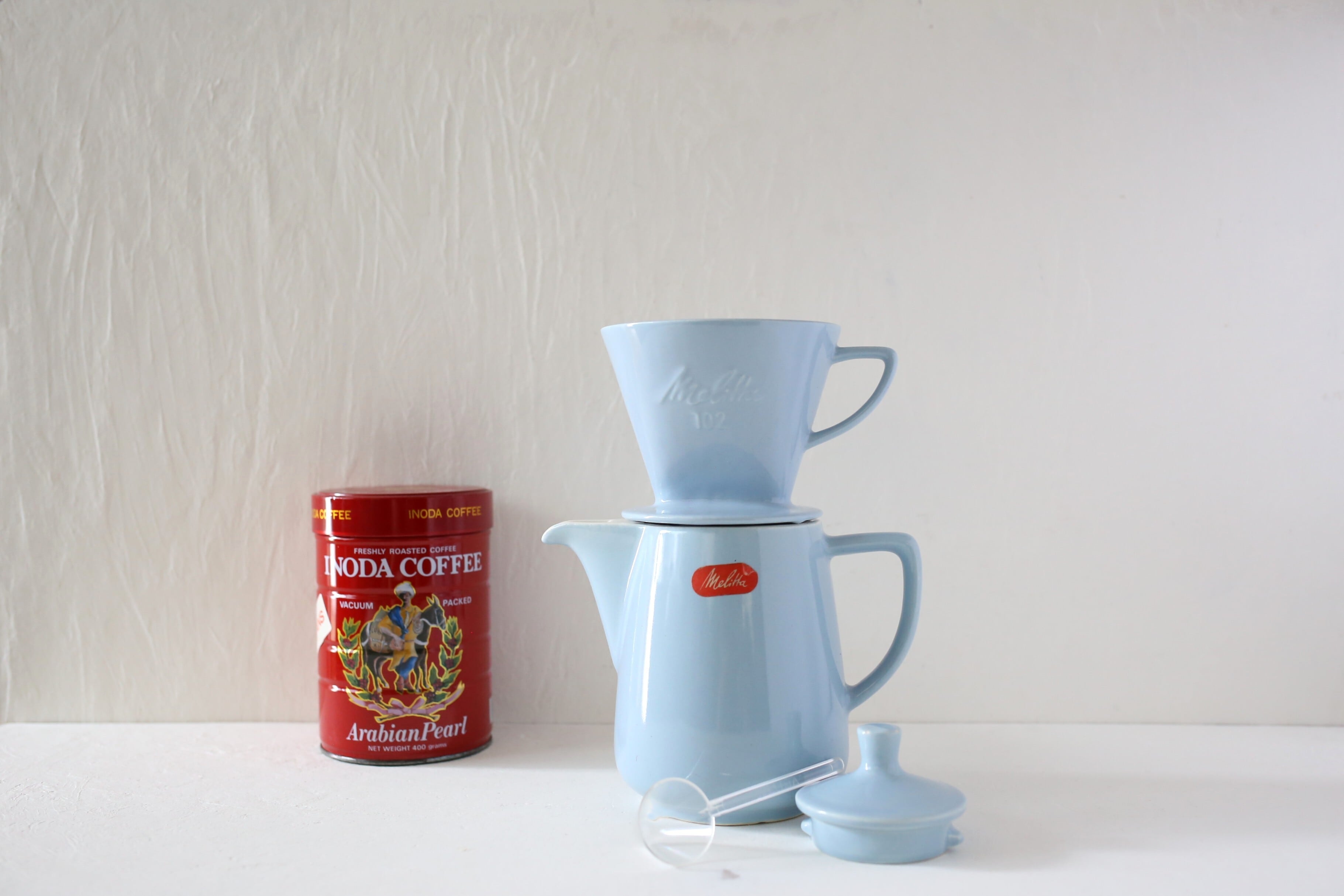 ドイツ ヴィンテージ Melitta メリタ 陶器 ライトブルー ポット&ドリッパーセット 『102』3つ穴 スプーン付き N-06762