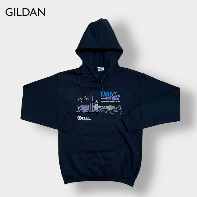 GILDAN パーカー イベント系 プルオーバー スウェット フーディー バックプリント 企業ロゴ S us古着